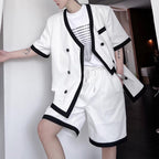 V-Neck Paneled Color Contrasting Blazer Shorts Set