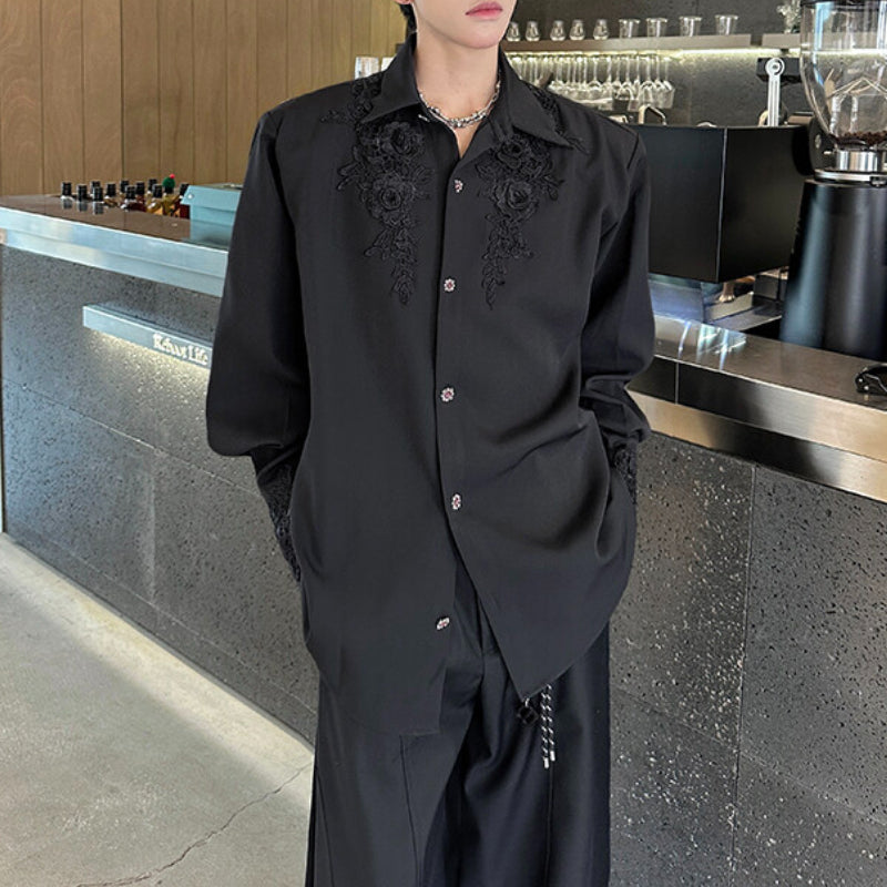 Silky 3D Lace Rose Gem Button Loose Shirt