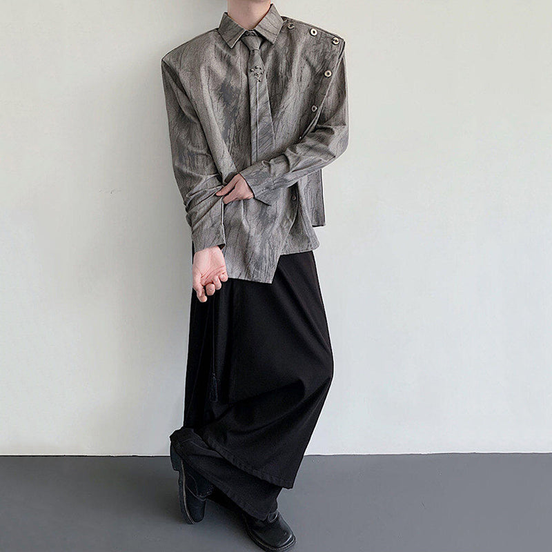 Metal Chain Tie Padded Shoulder Patchwork Shirt
