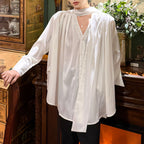 French V-neck Ribbon Loose Draped Shirt