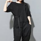 Fake Two-piece Straight Lace-up Striped Patchwork T-shirt