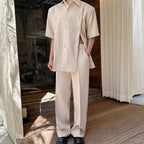 Slit Buttoned Shoulder Pad Shirt Wide Leg Trousers Two-Piece Set