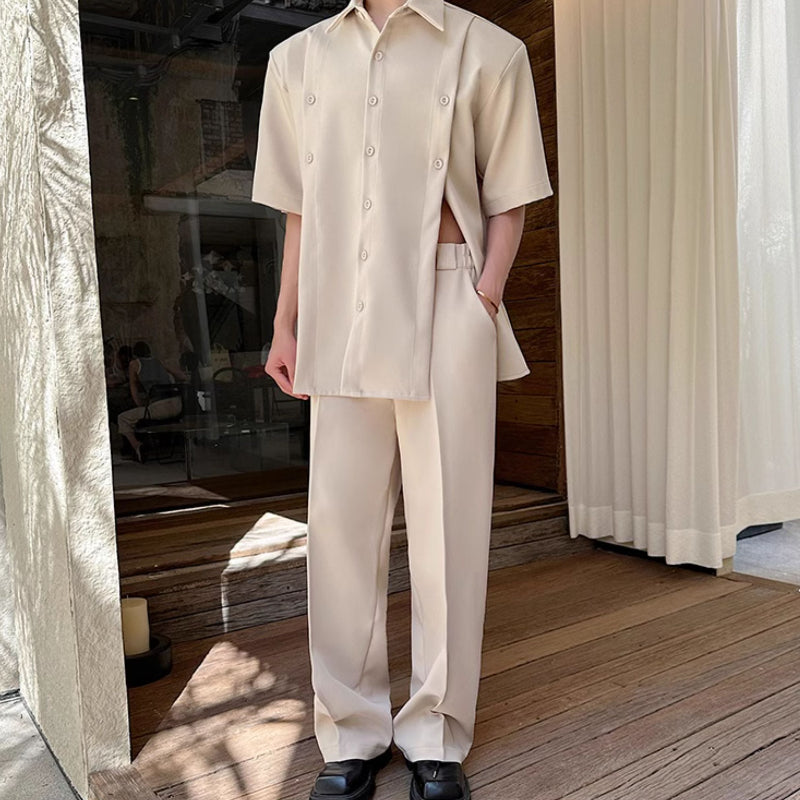 Slit Buttoned Shoulder Pad Shirt Wide Leg Trousers Two-Piece Set