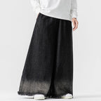 Japanese Retro Denim Gradient Color Raw Edge Wide Leg Pants