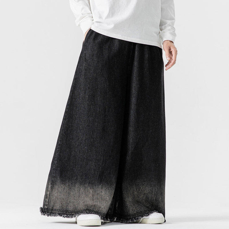 Japanese Retro Denim Gradient Color Raw Edge Wide Leg Pants