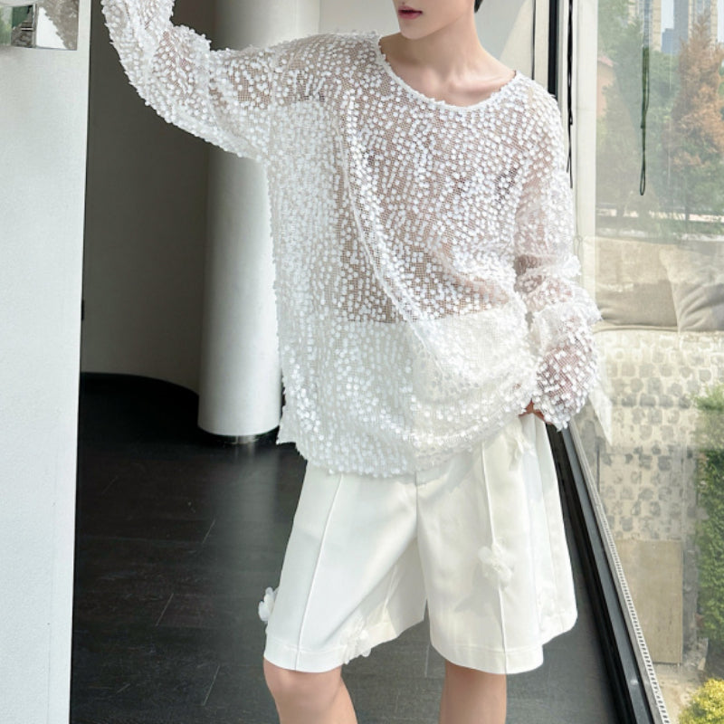 Hollow Sequin Mesh Pullover T-shirt
