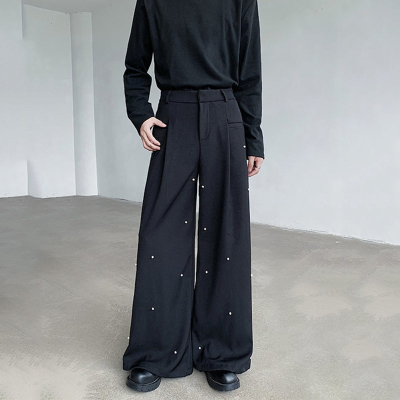 Pearl Rivets Wide-Leg Straight  Pants