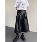 PU Leather Pleated Loose Wide-leg Cropped Trousers