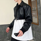 Black Short Zip PU Leather Jacket