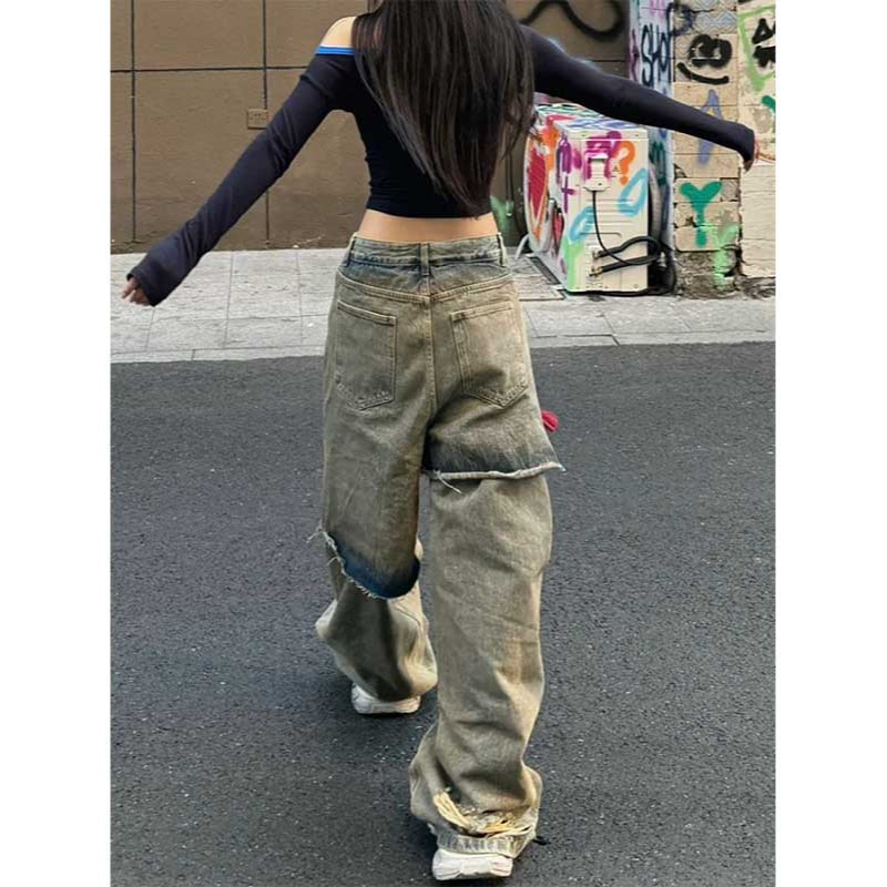 Ripped Fake Two-piece Denim Loose Drape Trousers