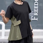 Fake Pocket Pleated Patchwork Loose T-shirt