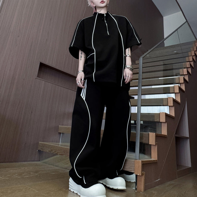 American Style Stand-up Collar Contrast Color T-shirt Zipper Wide-leg Trousers Two-piece Suit