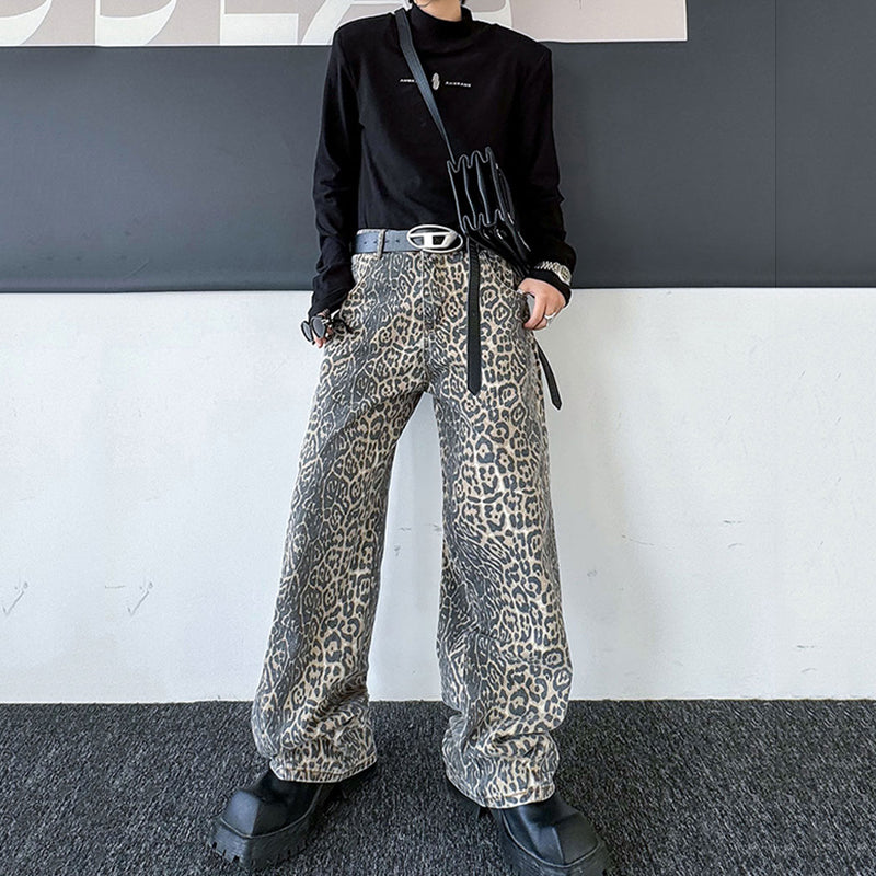 Leopard Print Straight-leg Baggy Jeans