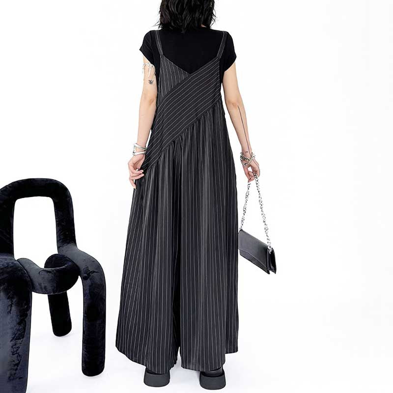 Loose Casual Stitching Striped Wide-leg Overalls