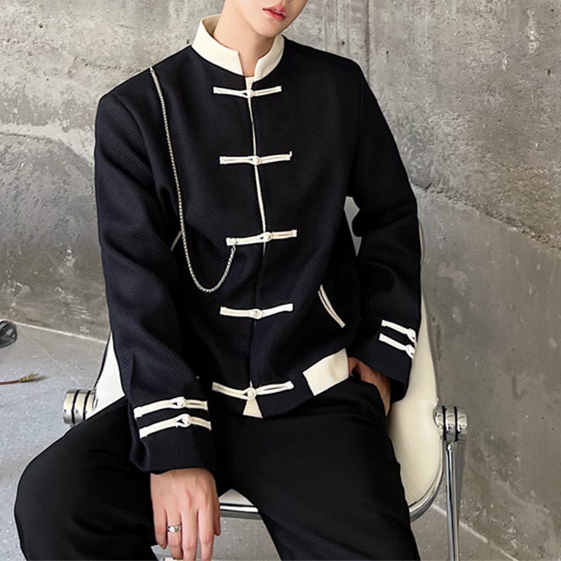 Contrast Color Vintage Buckle Stand Collar Jacket