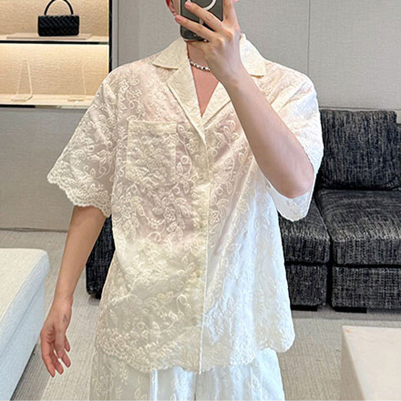 Lace Translucent Short-sleeved Shirt and Pants Suit