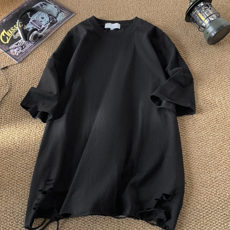 Ripped Solid Color Round Neck T-shirt