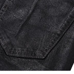 Dark Waxed Coated Ribbon Slightly Flared Mopping Stacked Denim Trousers