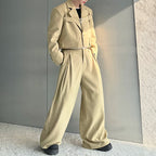 Deconstructed Lace-Up Cropped Blazer Contrast Leather Drawstring Wide-Leg Pants Two-Piece Set