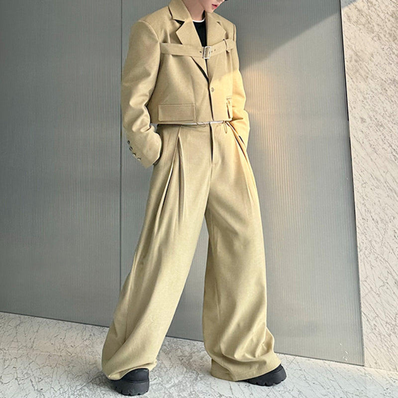 Deconstructed Lace-Up Cropped Blazer Contrast Leather Drawstring Wide-Leg Pants Two-Piece Set