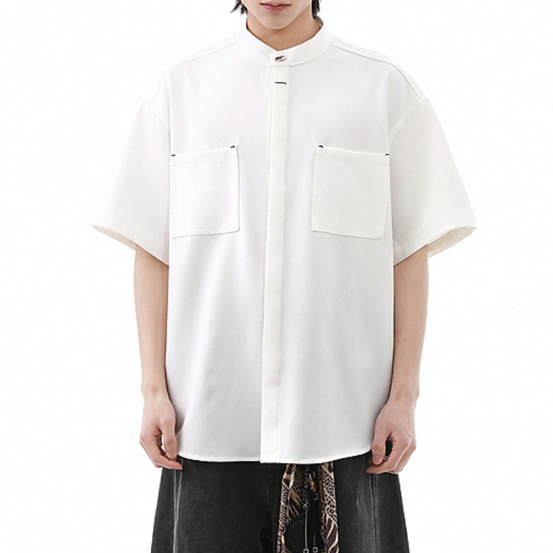 American Black Drape Stand Collar Casual Shirt