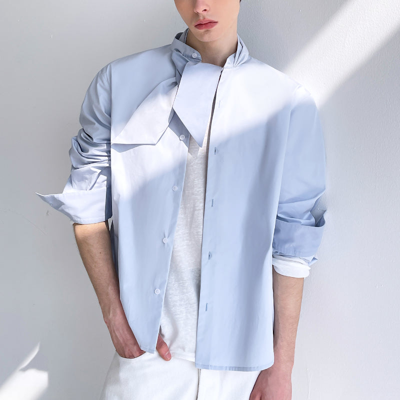 Stand Collar with Tie Long Sleeve Slim Fit Shirt