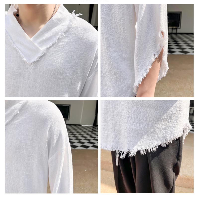 Tassels Raw Edge V Neck Half Sleeves T-Shirt