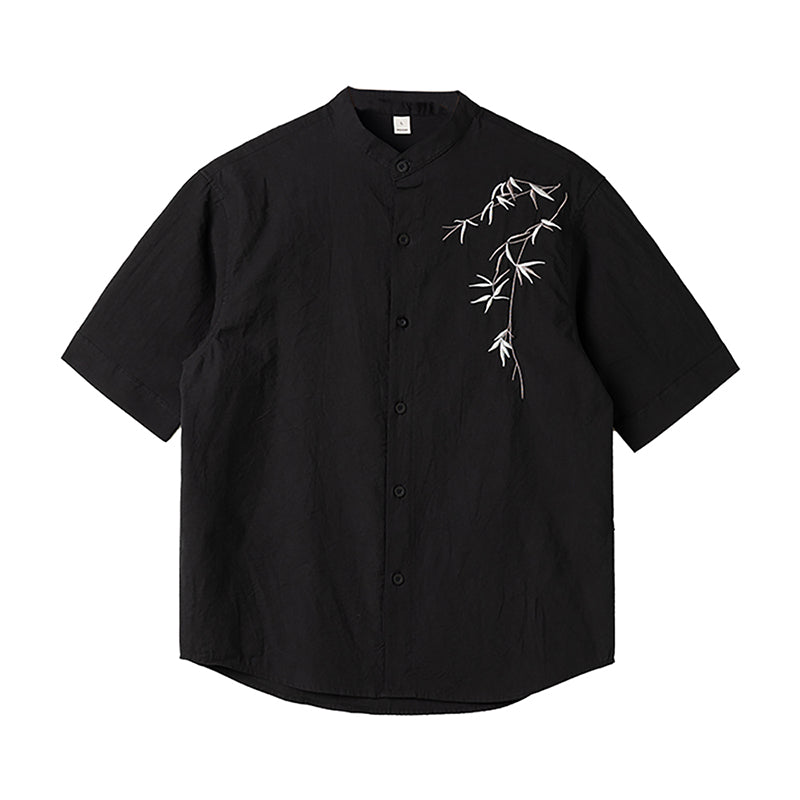 Loose Stand Collar Embroidered Shirt