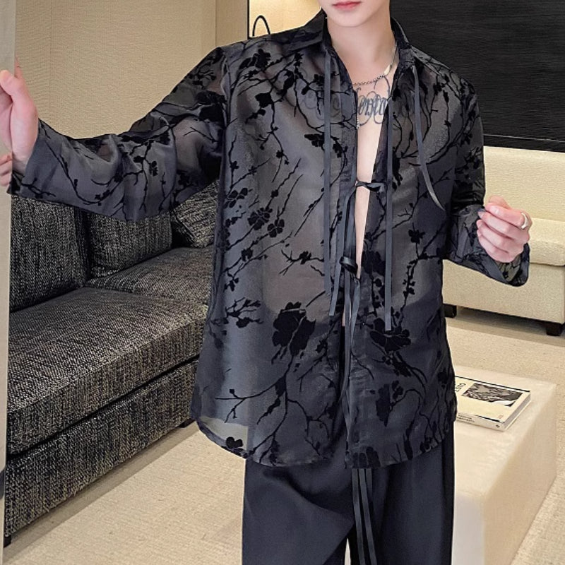 Ribbon Tie Jacquard See-through Shirt