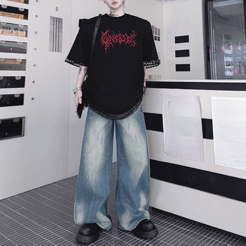 Mesh Fake Two-piece Letter Printed Patchwork T-shirt