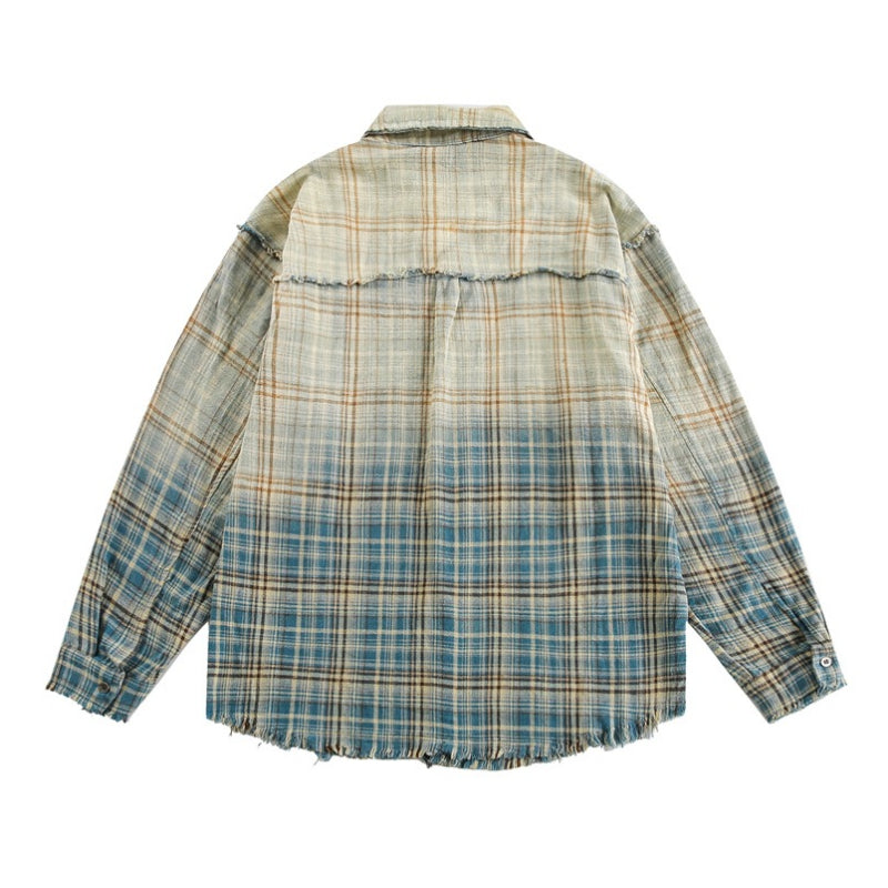 Gradient Pointed Collar Plaid Distressed Shirt