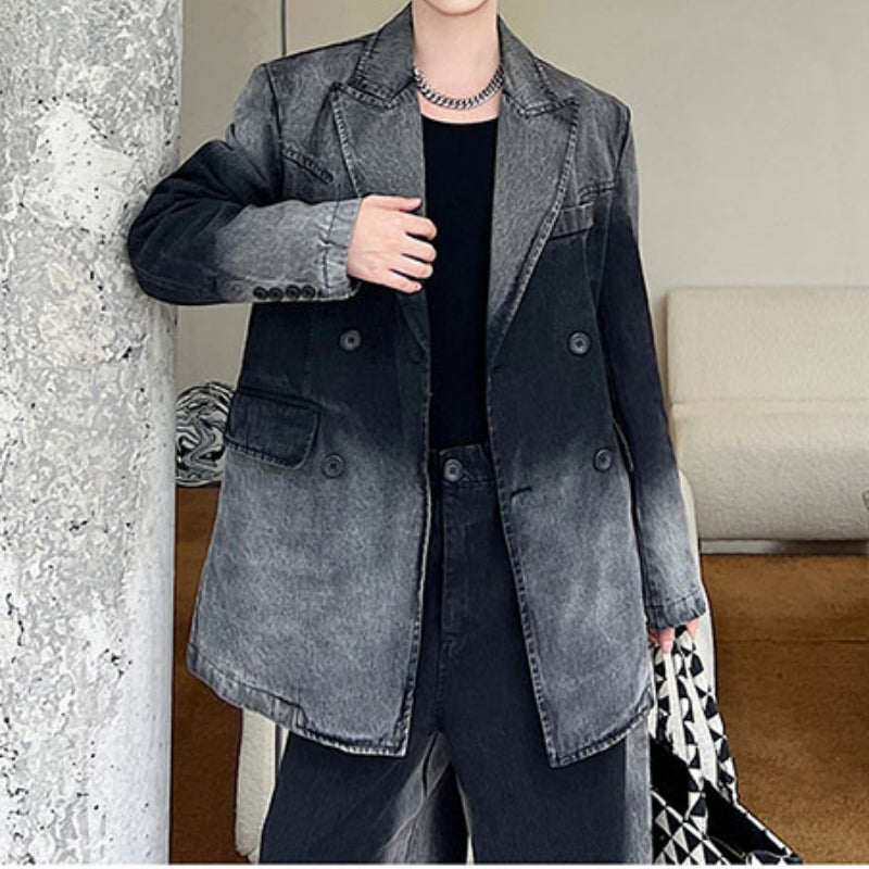 Retro Gradient Large Lapel Denim Suit Wide Leg Suit