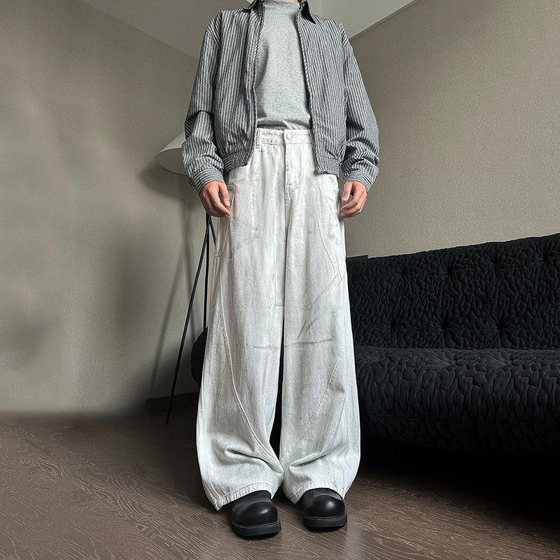 Distressed White Tie-Dye Denim Straight Trousers