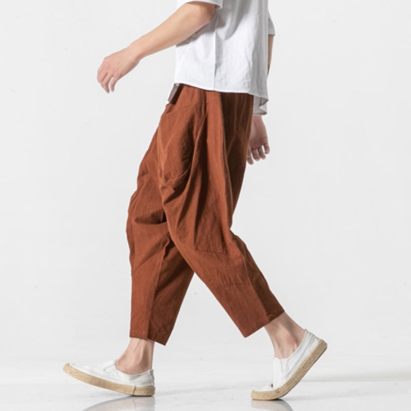 Cotton and Linen Cuffed Wide Leg Harem Pants