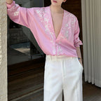 Heavy Embroidery V-neck Draped Ice Silk Shirt