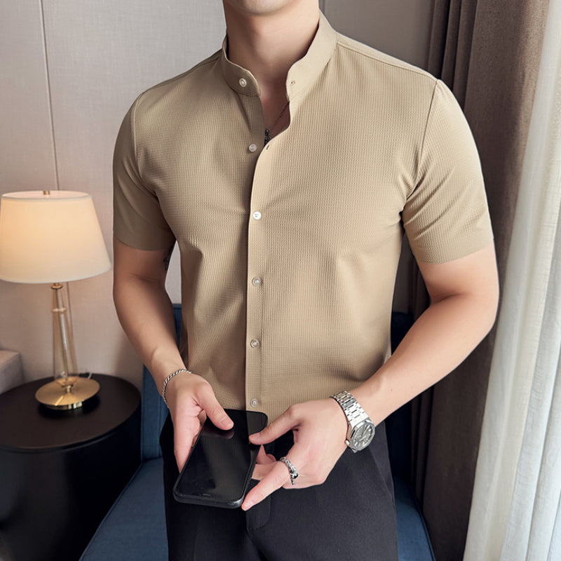 Summer Stand Collar Ice Silk Casual Waffle Shirt
