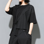 Fake Two-piece Straight Lace-up Striped Patchwork T-shirt