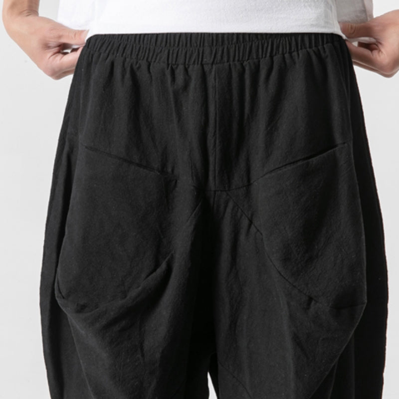 Cotton and Linen Cuffed Wide Leg Harem Pants