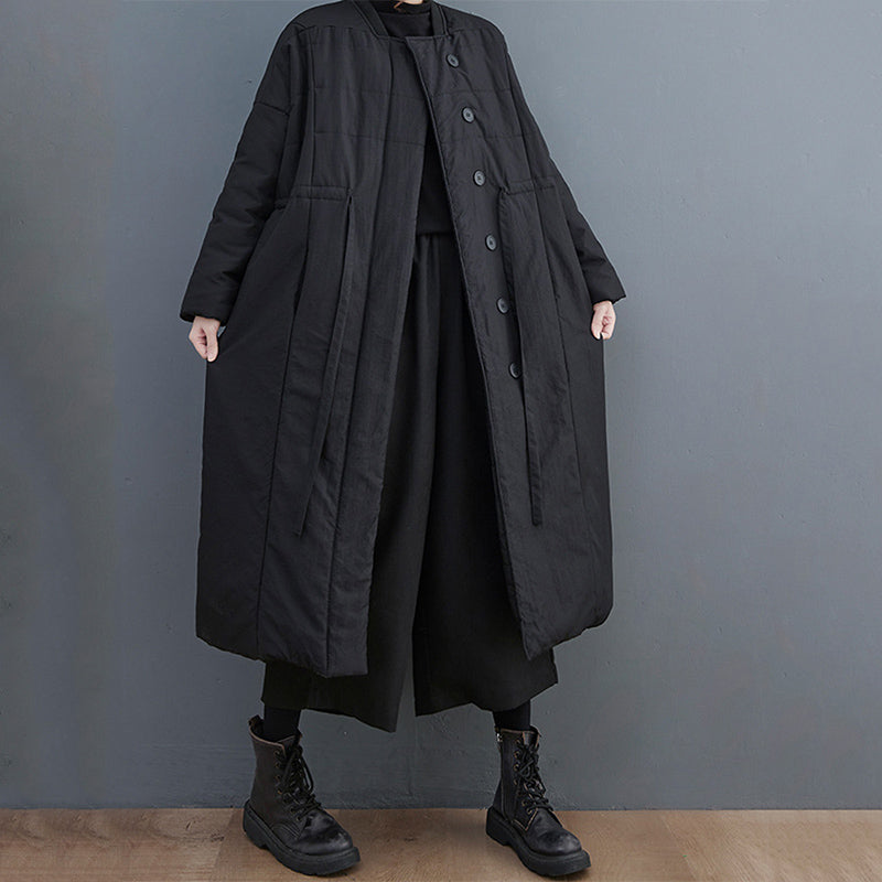 Straight Collar Single Breasted Long Drawstring Coat